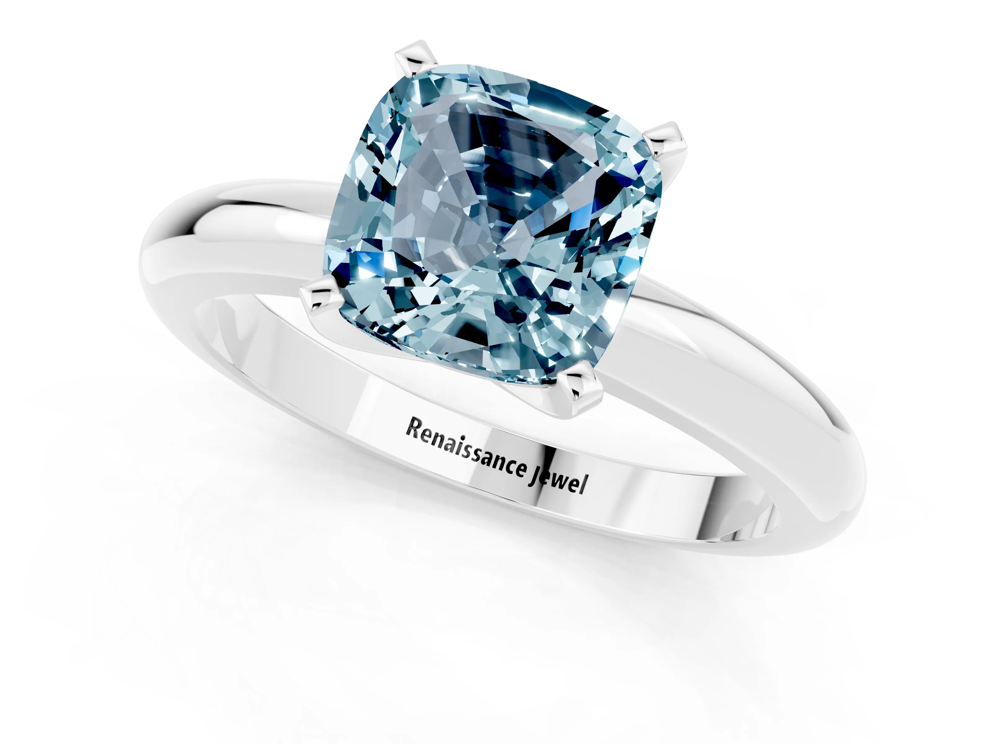 White gold Cushion Cut Aquamarine Solitaire Engagement Ring with Round Band and Four-Prong Setting_1