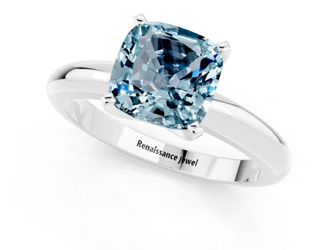 White gold Cushion Cut Aquamarine Solitaire Engagement Ring with Round Band and Four-Prong Setting_1