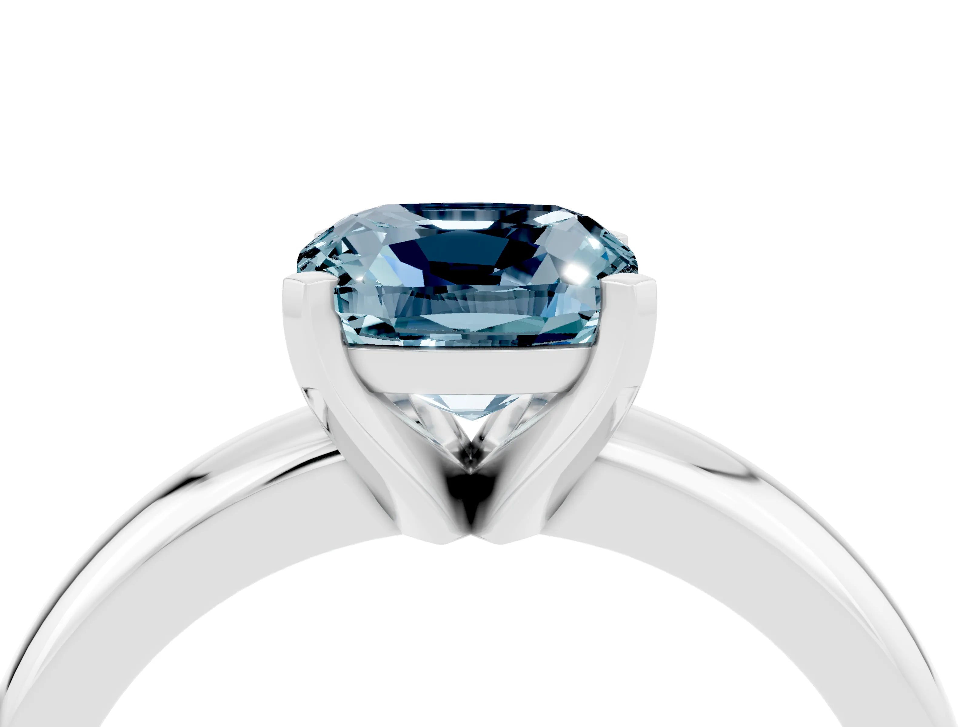 White gold Cushion Cut Aquamarine Solitaire Engagement Ring with Round Band and Four-Prong Setting_4