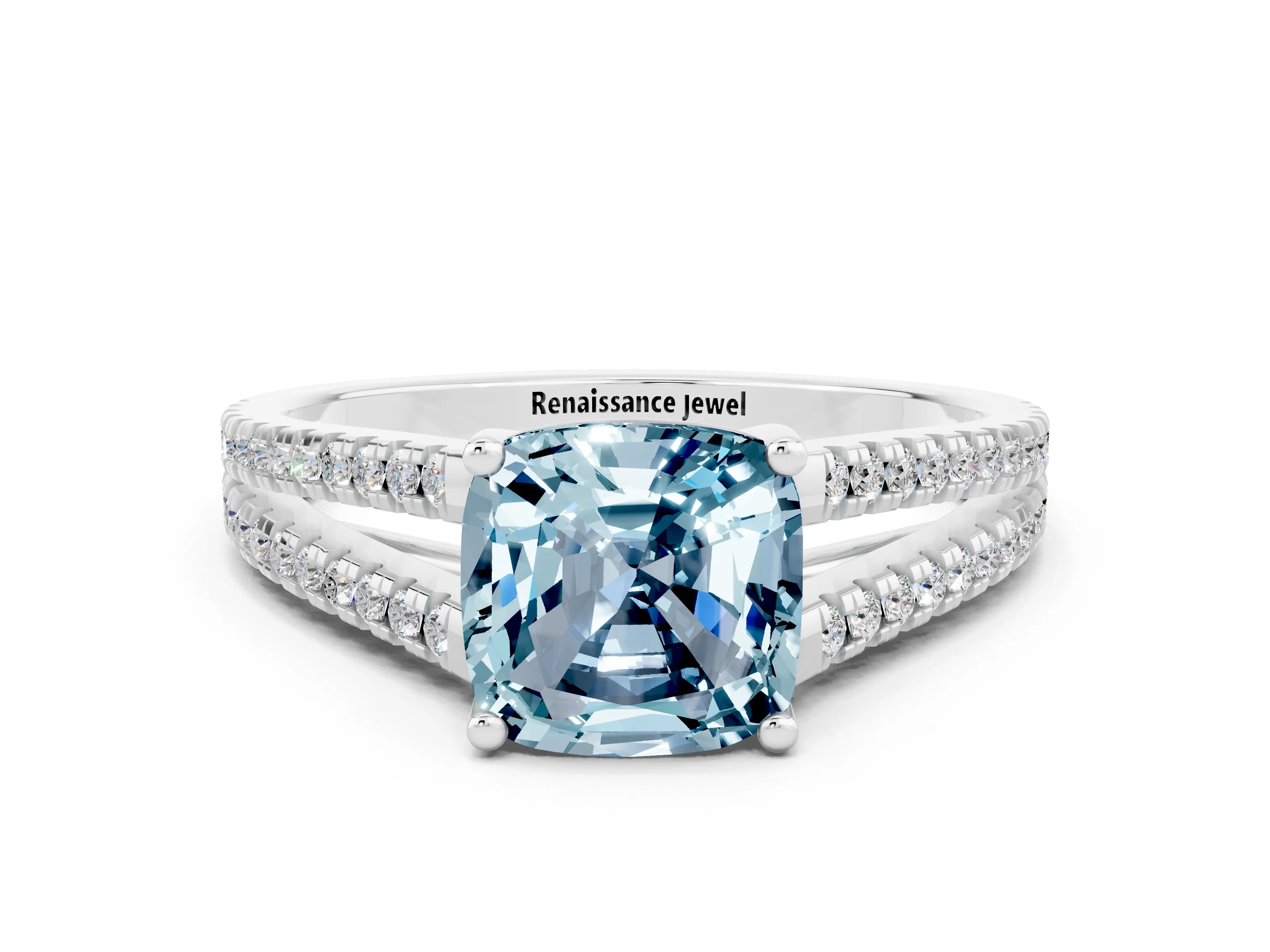 White gold Cushion Cut Aquamarine Solitaire Engagement Ring with Split Shank Pavé Band