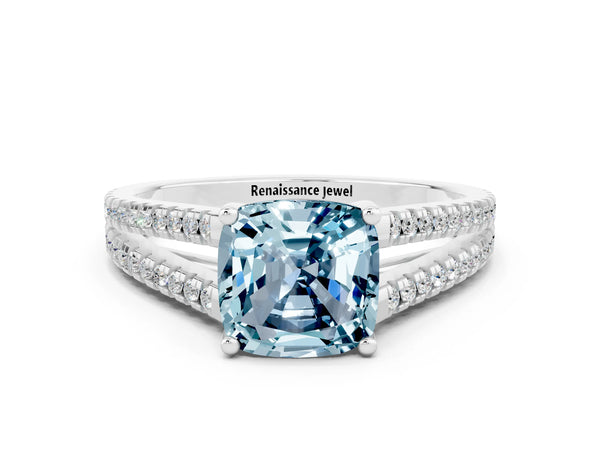 Platinum Cushion Cut Aquamarine Solitaire Engagement Ring with Split Shank Pavé Band
