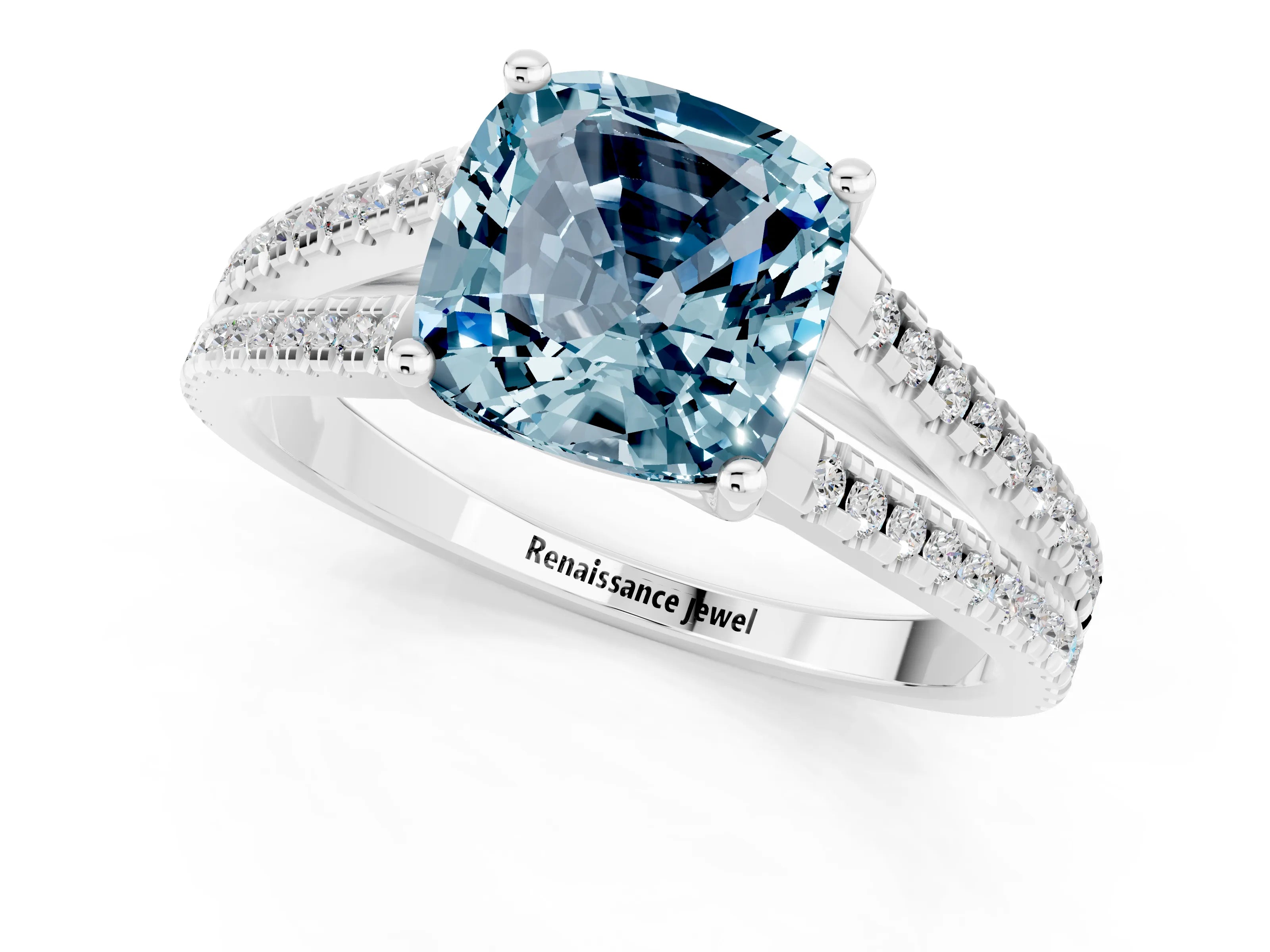 White gold Cushion Cut Aquamarine Solitaire Engagement Ring with Split Shank Pavé Band_1