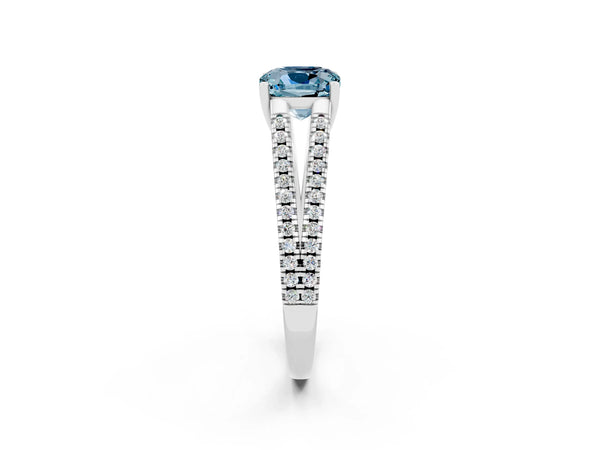 White gold Cushion Cut Aquamarine Solitaire Engagement Ring with Split Shank Pavé Band
