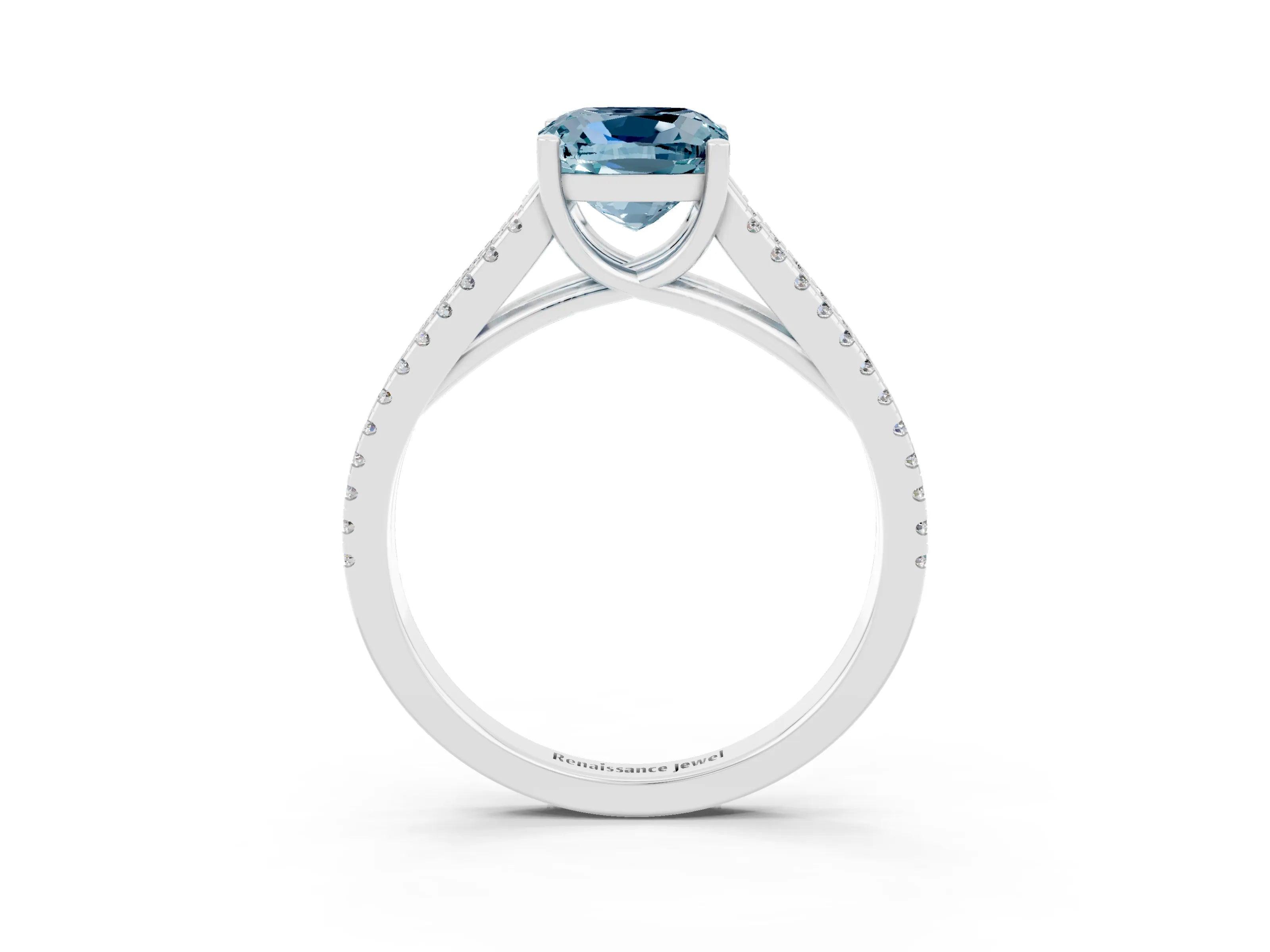 White gold Cushion Cut Aquamarine Solitaire Engagement Ring with Split Shank Pavé Band_3