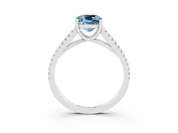White gold Cushion Cut Aquamarine Solitaire Engagement Ring with Split Shank Pavé Band