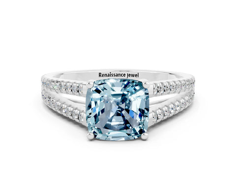 White gold Cushion Cut Aquamarine Solitaire Engagement Ring with Split Shank Pavé Band