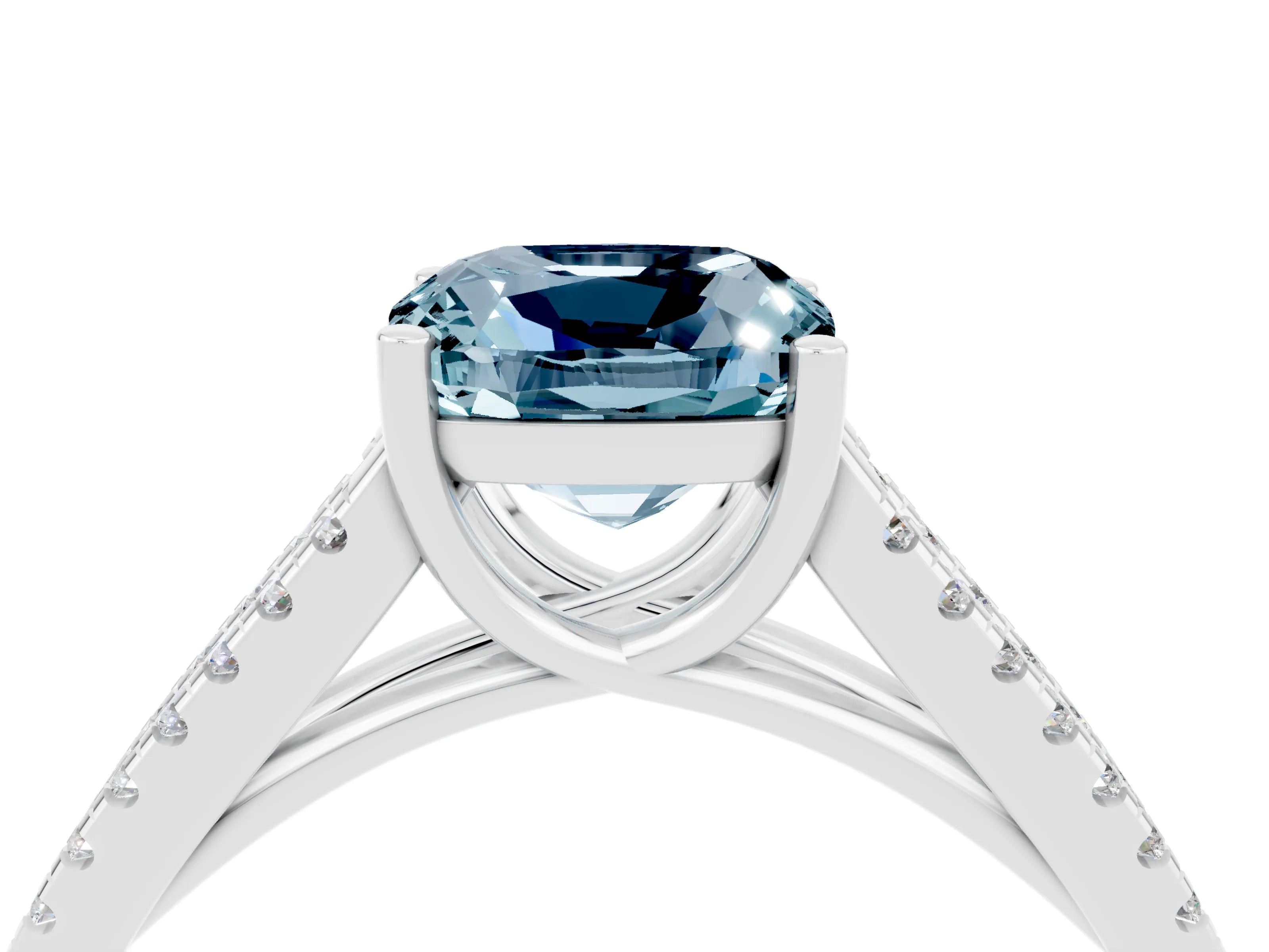 White gold Cushion Cut Aquamarine Solitaire Engagement Ring with Split Shank Pavé Band_4