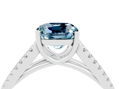 White gold Cushion Cut Aquamarine Solitaire Engagement Ring with Split Shank Pavé Band_4