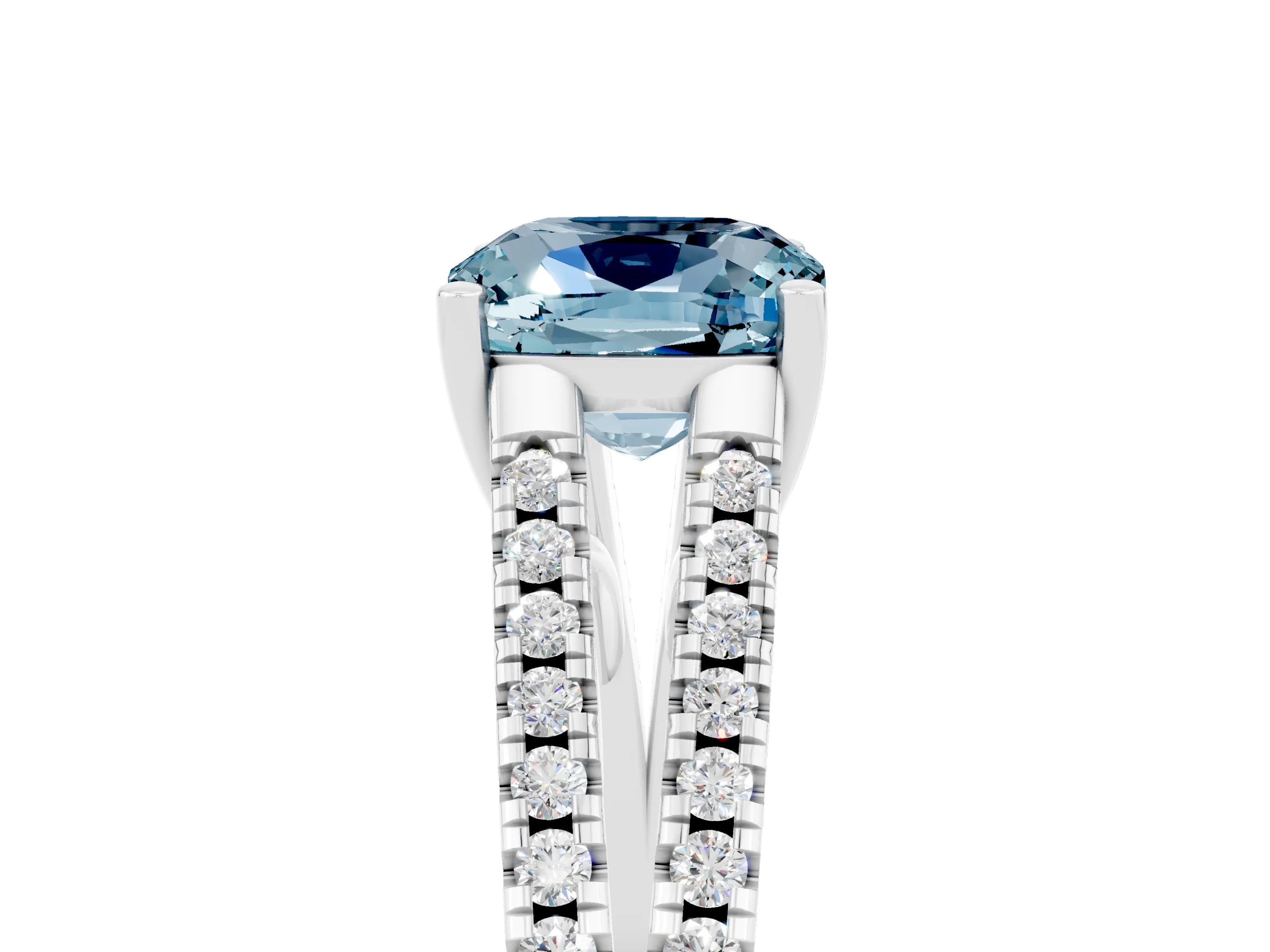 White gold Cushion Cut Aquamarine Solitaire Engagement Ring with Split Shank Pavé Band_5