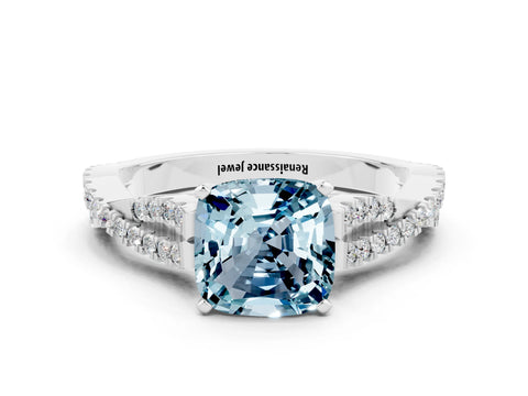 White gold Cushion Cut Aquamarine Solitaire Engagement Ring with Twisted Pavé Band and Four-Prong Setting_12