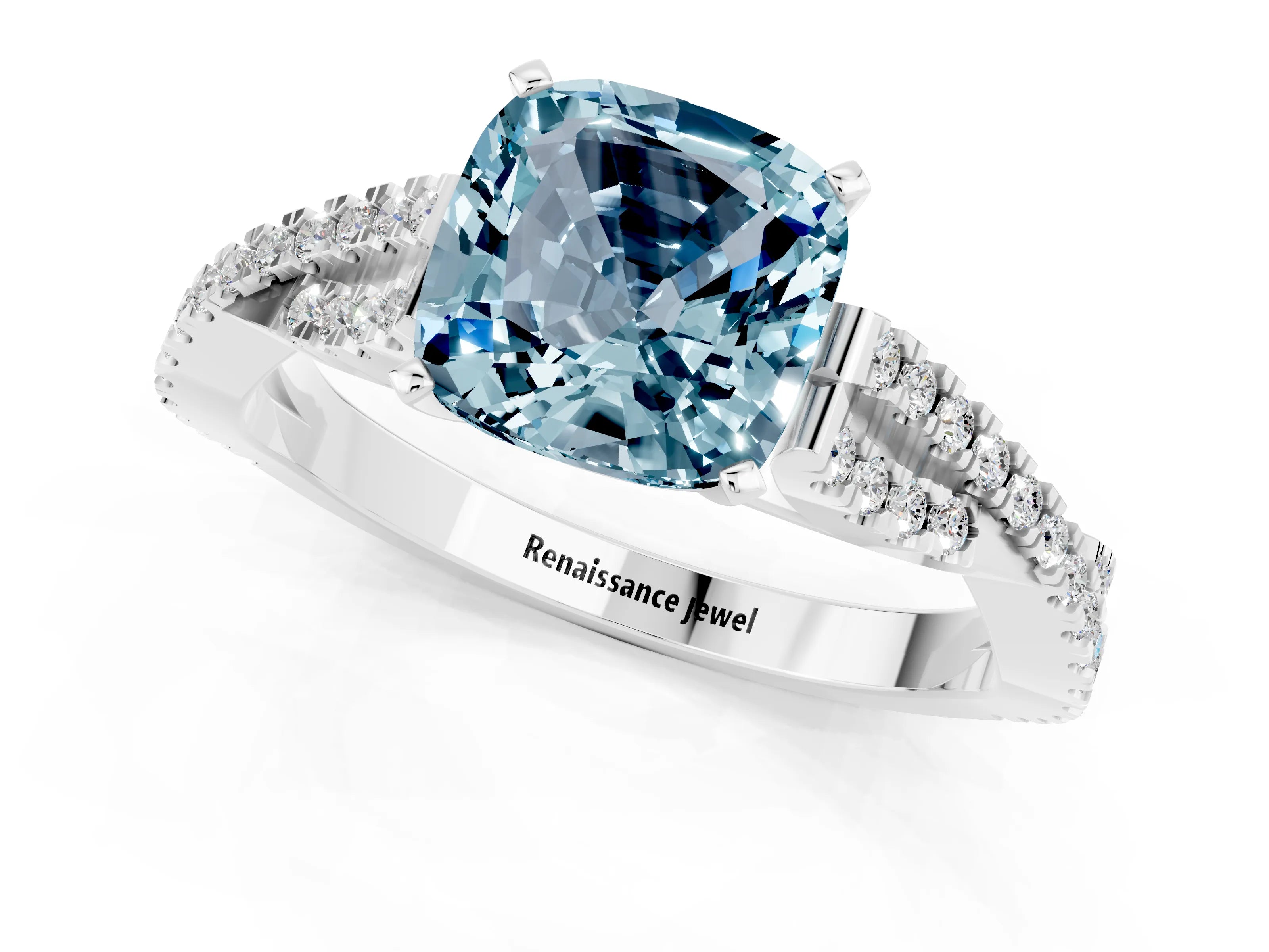 White gold Cushion Cut Aquamarine Solitaire Engagement Ring with Twisted Pavé Band and Four-Prong Setting_13