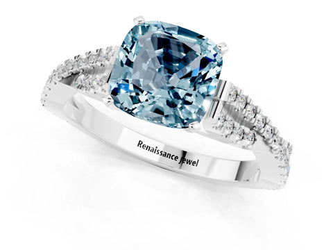 White gold Cushion Cut Aquamarine Solitaire Engagement Ring with Twisted Pavé Band and Four-Prong Setting_13