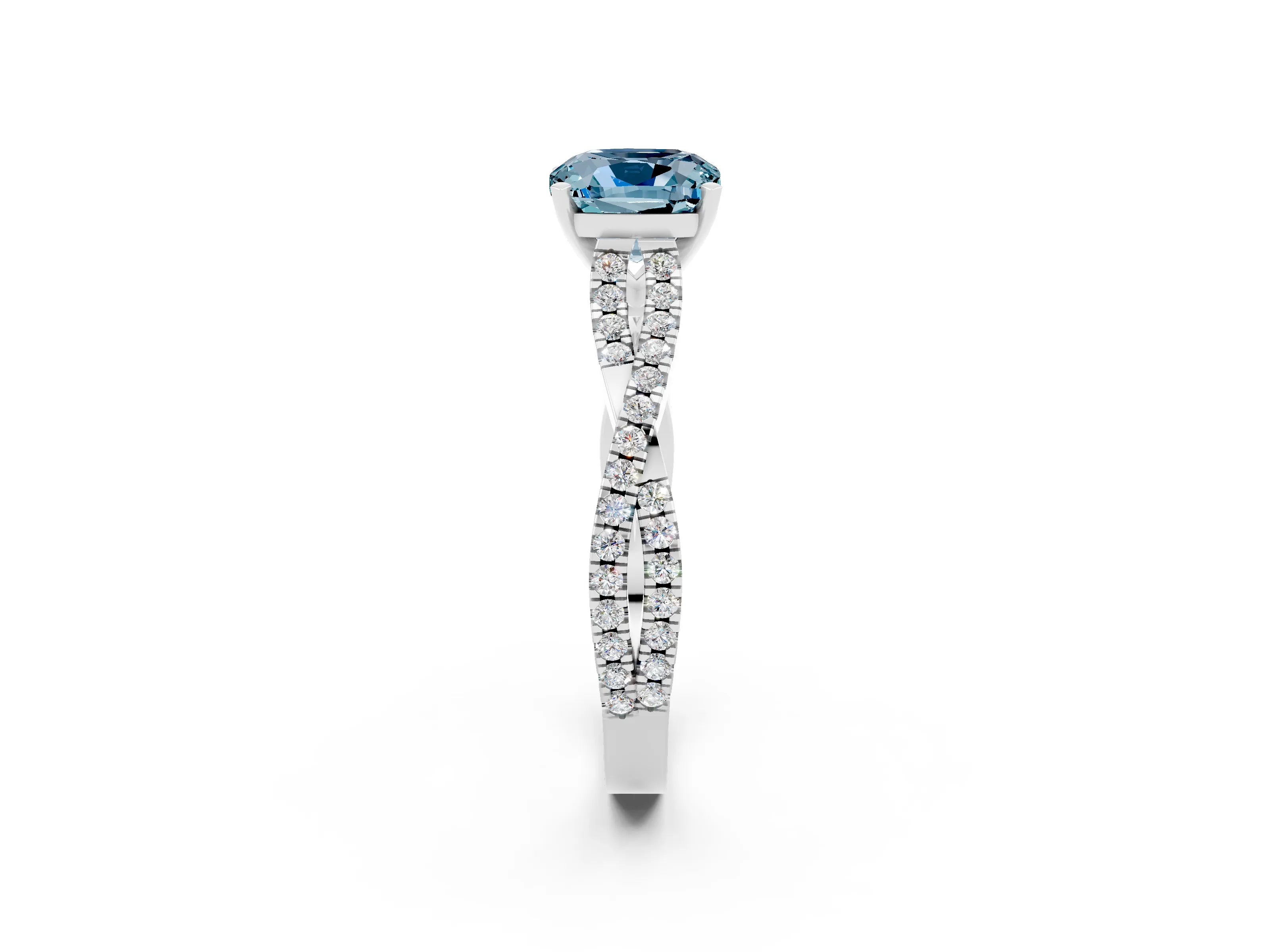 White gold Cushion Cut Aquamarine Solitaire Engagement Ring with Twisted Pavé Band and Four-Prong Setting_14