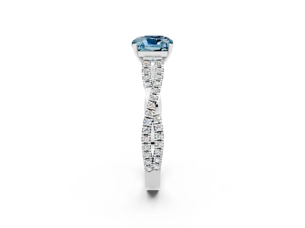 White gold Cushion Cut Aquamarine Solitaire Engagement Ring with Twisted Pavé Band and Four-Prong Setting