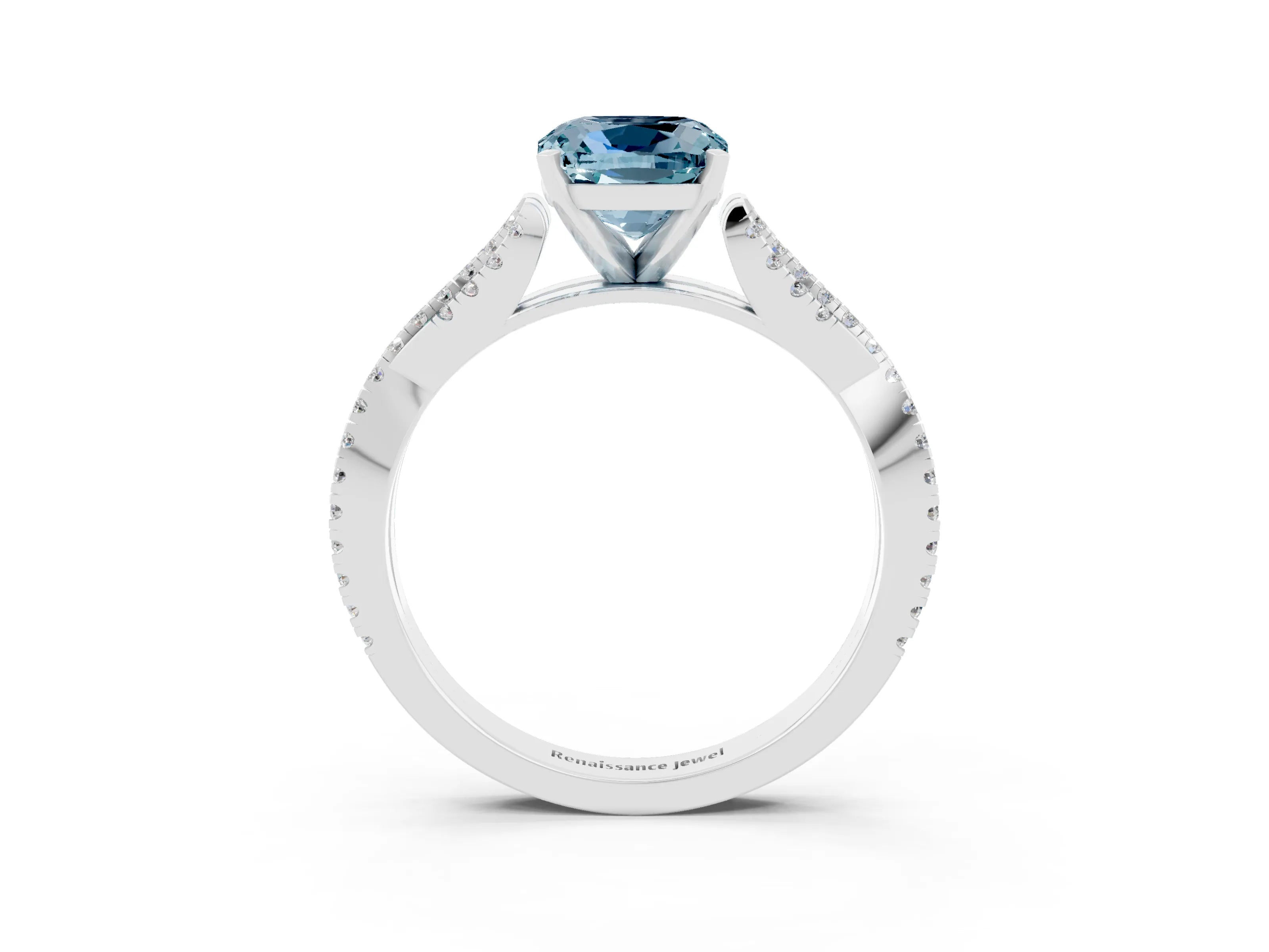 White gold Cushion Cut Aquamarine Solitaire Engagement Ring with Twisted Pavé Band and Four-Prong Setting_15