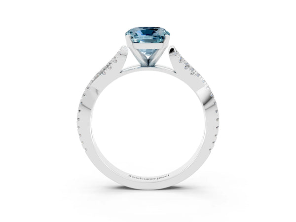 White gold Cushion Cut Aquamarine Solitaire Engagement Ring with Twisted Pavé Band and Four-Prong Setting