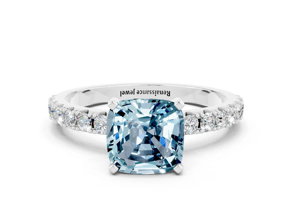 White gold Cushion Cut Aquamarine Solitaire Pavé Band with Four-Prong Setting