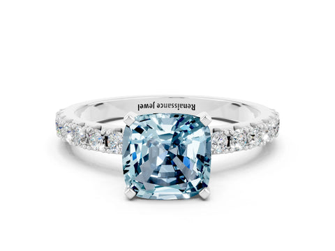 White gold Cushion Cut Aquamarine Solitaire Pavé Band with Four-Prong Setting