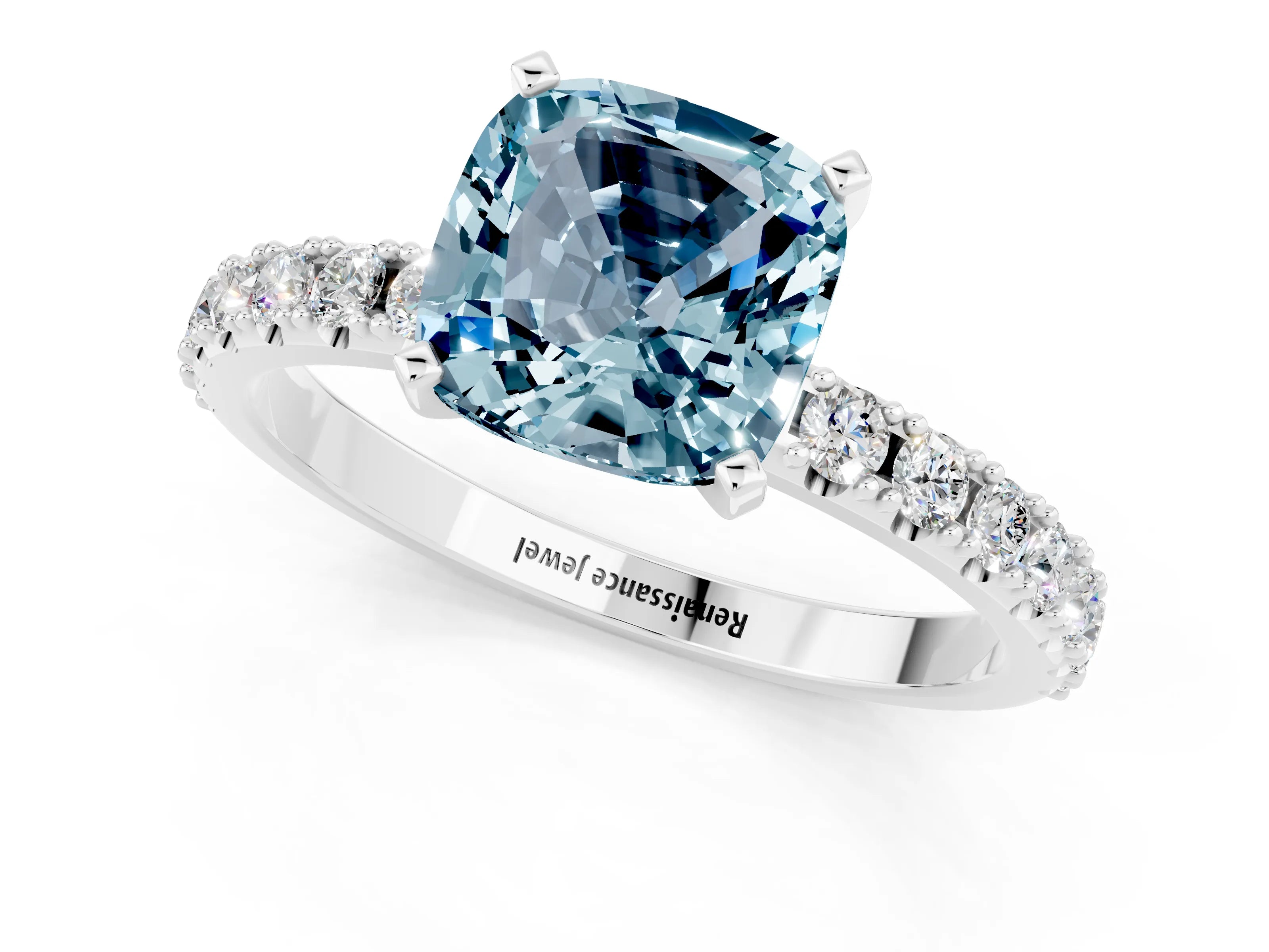 White gold Cushion Cut Aquamarine Solitaire Pavé Band with Four-Prong Setting_1