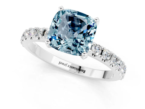 White gold Cushion Cut Aquamarine Solitaire Pavé Band with Four-Prong Setting_1