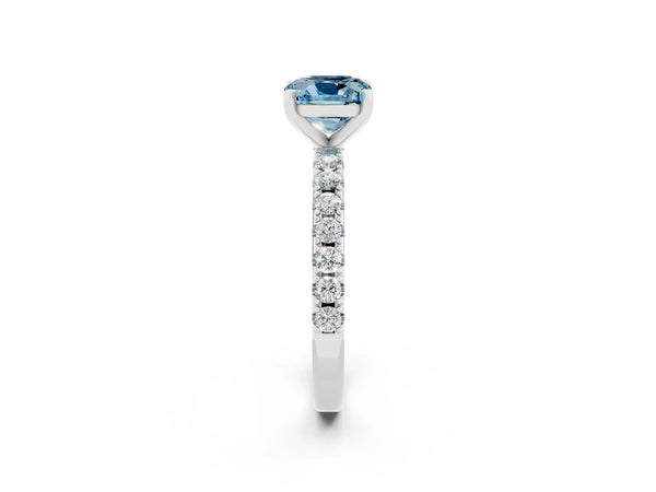 Platinum Cushion Cut Aquamarine Solitaire Pavé Band with Four-Prong Setting