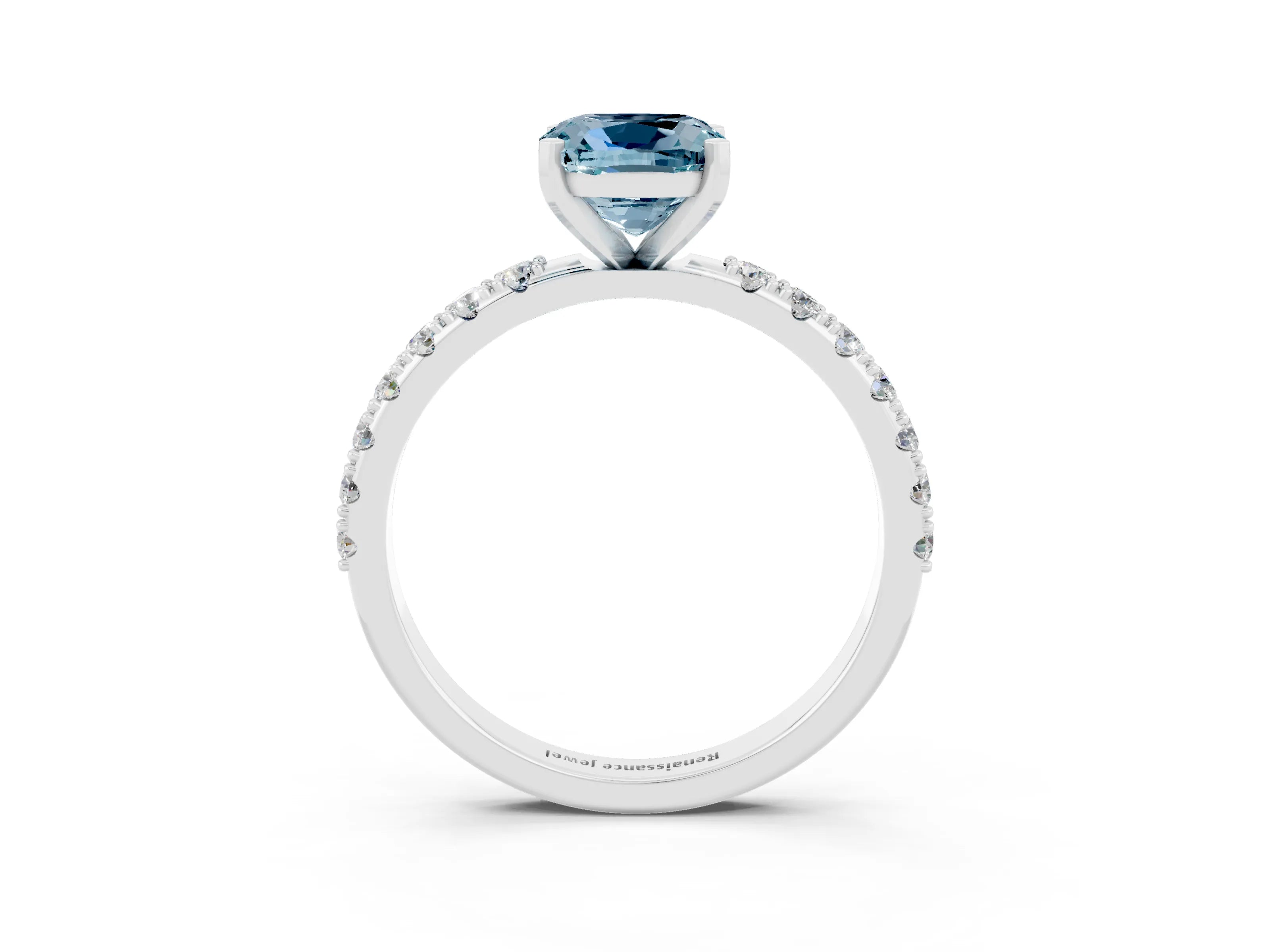 White gold Cushion Cut Aquamarine Solitaire Pavé Band with Four-Prong Setting_3