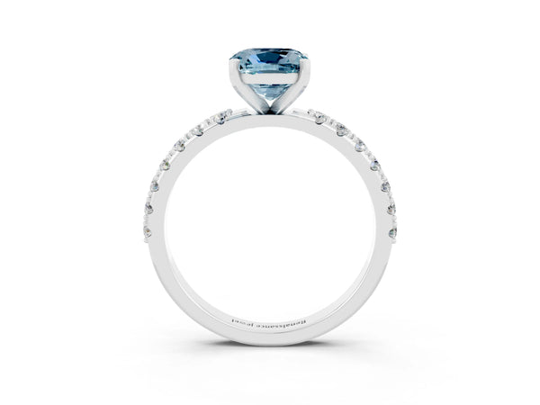 White gold Cushion Cut Aquamarine Solitaire Pavé Band with Four-Prong Setting