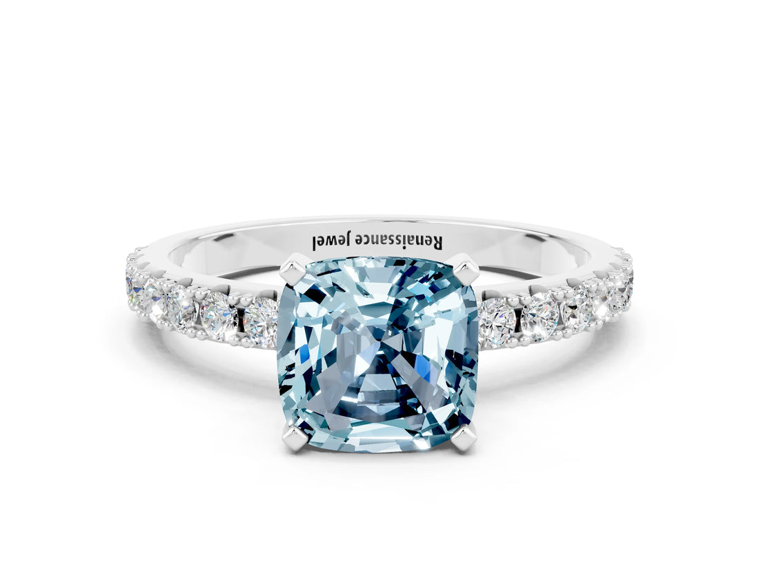 White gold Cushion Cut Aquamarine Solitaire Pavé Band with Four-Prong Setting
