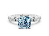 White gold Cushion Cut Aquamarine Solitaire Pavé Band with Four-Prong Setting