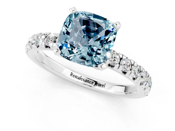Silver Cushion Cut Aquamarine Solitaire Pavé Engagement Ring with Round Band and Prong Setting