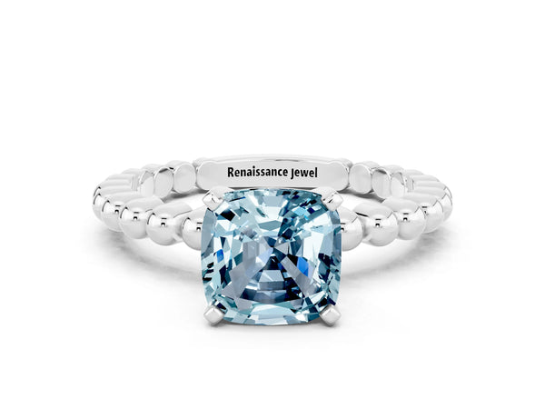 Silver Cushion Cut Aquamarine Solitaire Ring with Beaded Band and Prong Setting