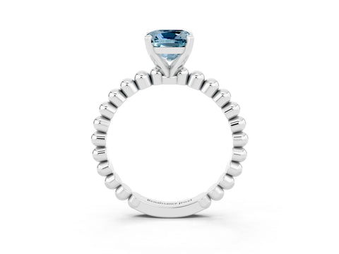 White gold Cushion Cut Aquamarine Solitaire Ring with Beaded Band and Prong Setting_35
