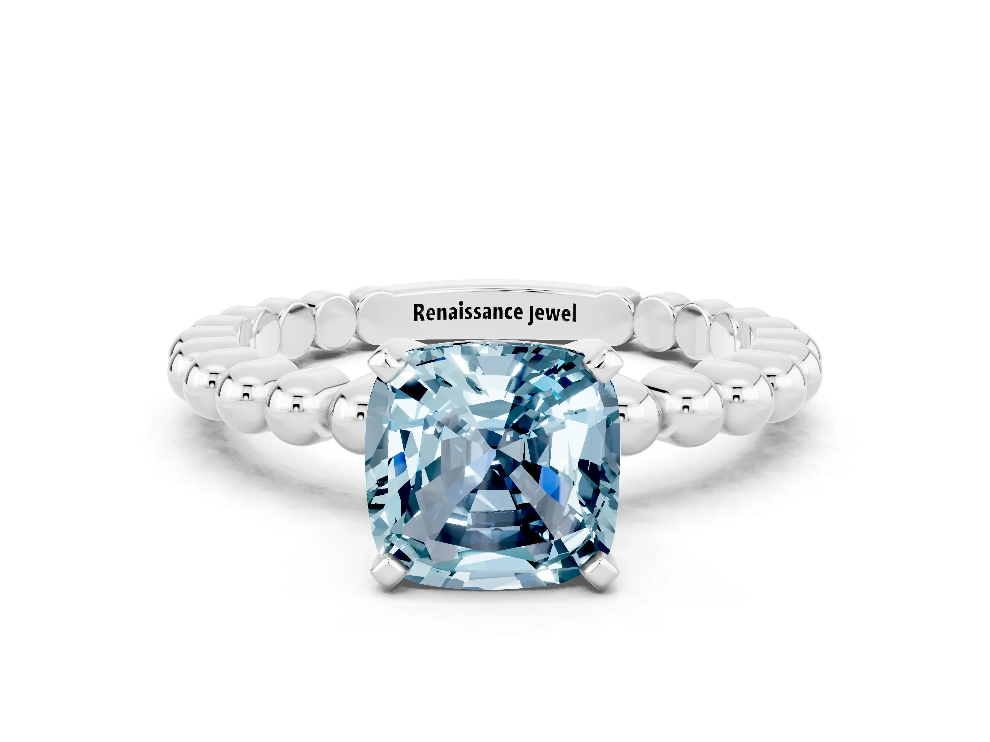 White gold Cushion Cut Aquamarine Solitaire Ring with Beaded Band and Prong Setting_42