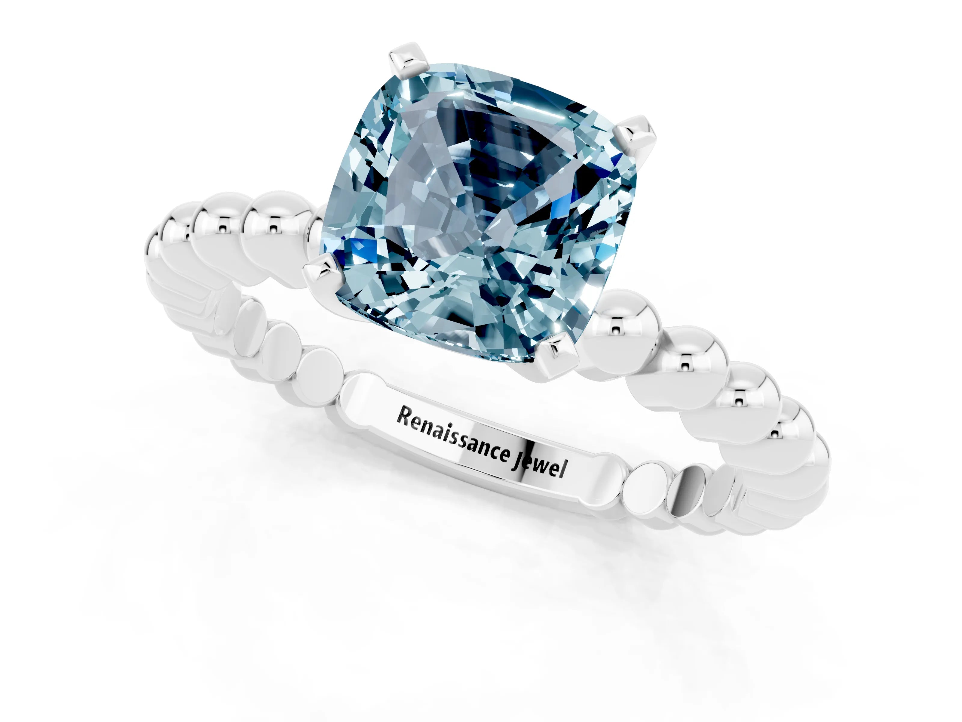 White gold Cushion Cut Aquamarine Solitaire Ring with Beaded Band and Prong Setting_43