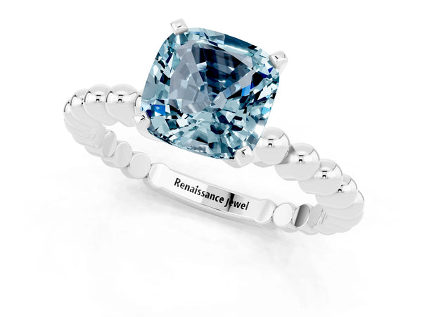 White gold Cushion Cut Aquamarine Solitaire Ring with Beaded Band and Prong Setting