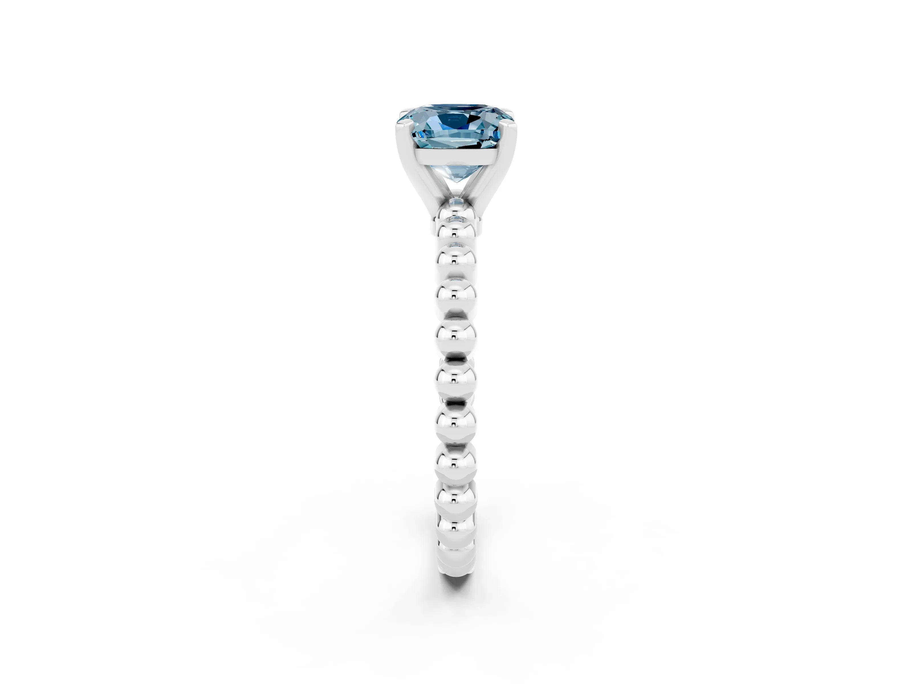White gold Cushion Cut Aquamarine Solitaire Ring with Beaded Band and Prong Setting_44