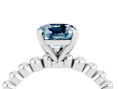 White gold Cushion Cut Aquamarine Solitaire Ring with Beaded Band and Prong Setting_46