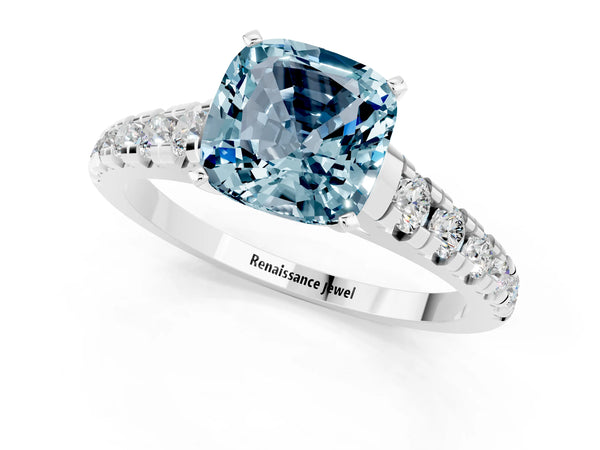 Platinum Cushion Cut Aquamarine Cathedral Solitaire Ring with Round  Pavé Band