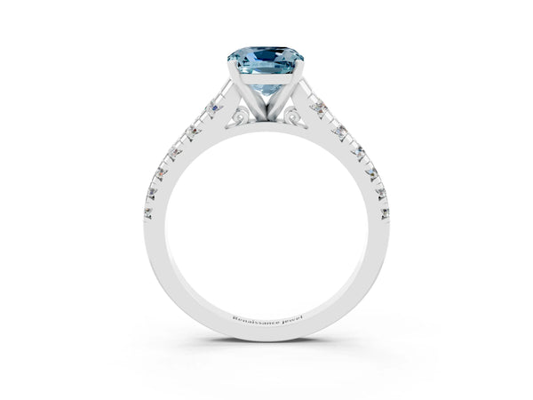 Platinum Cushion Cut Aquamarine Cathedral Solitaire Ring with Round  Pavé Band