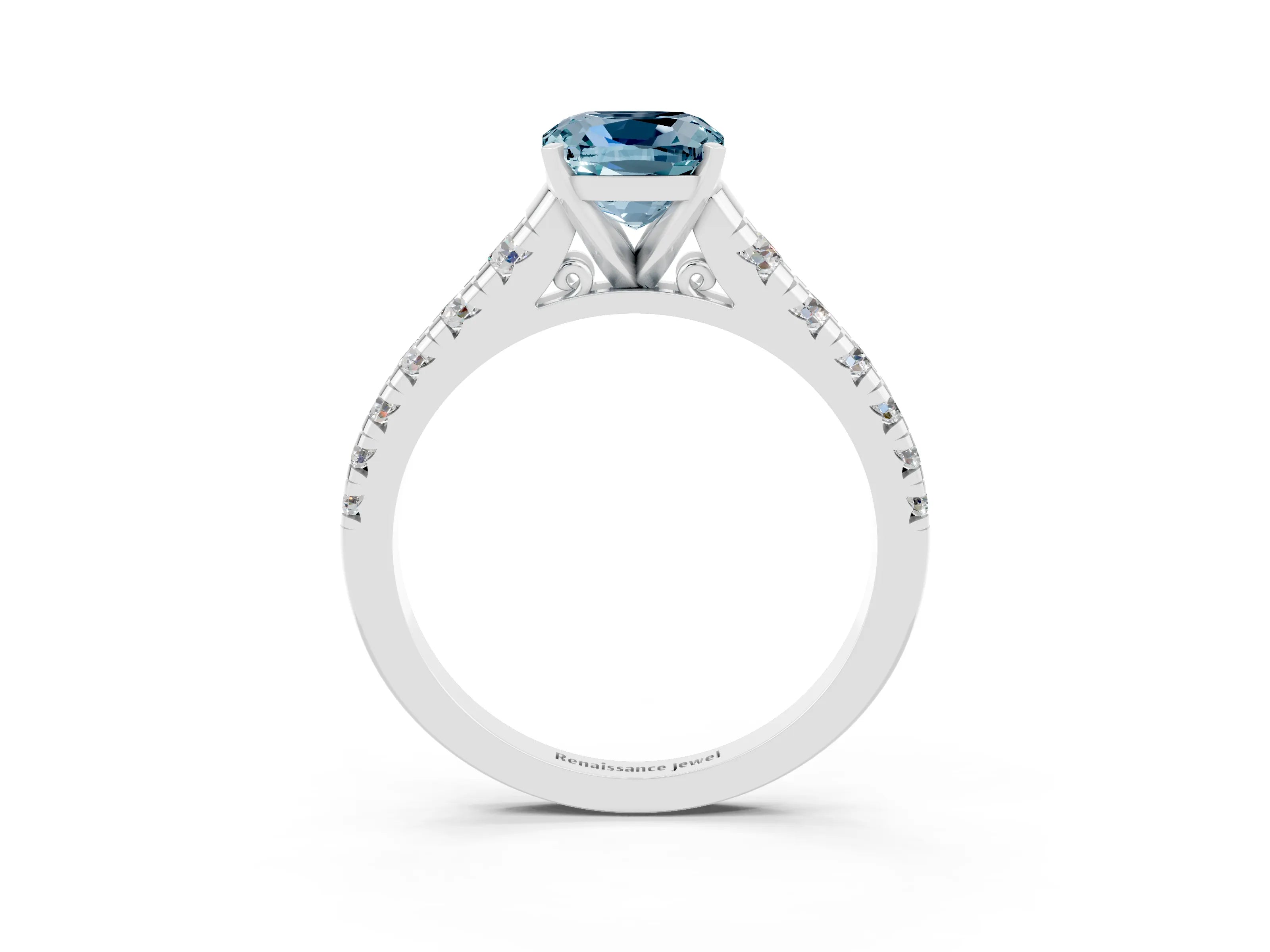 White gold Cushion Cut Aquamarine Solitaire Ring with Cathedral Setting and Pavé Band_3