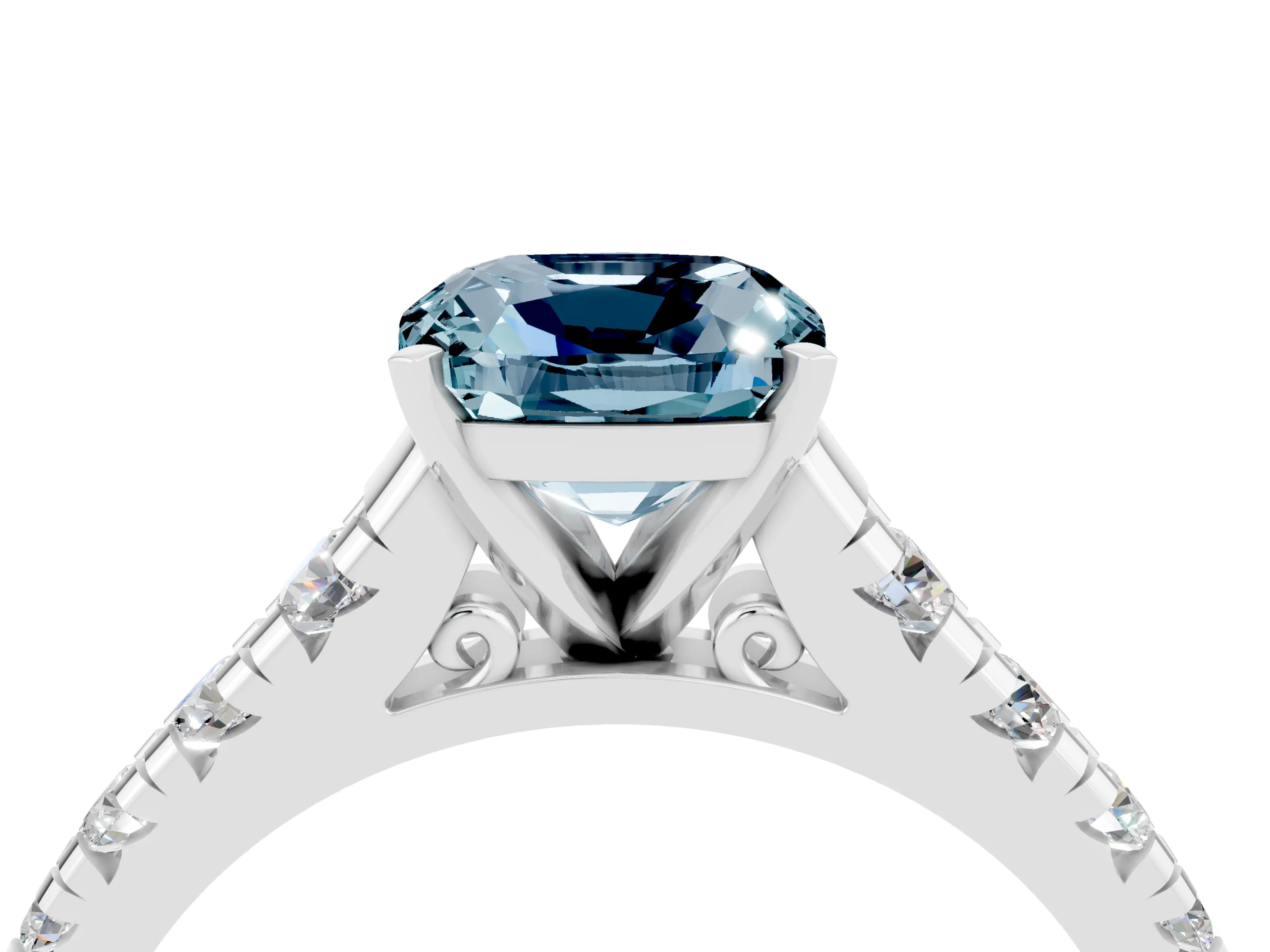White gold Cushion Cut Aquamarine Solitaire Ring with Cathedral Setting and Pavé Band_4