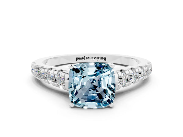 Silver Cushion Cut Aquamarine Cathedral Solitaire Ring with Round  Pavé Band