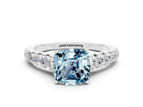White gold Cushion Cut Aquamarine Solitaire Ring with Cathedral Setting and Pavé Band