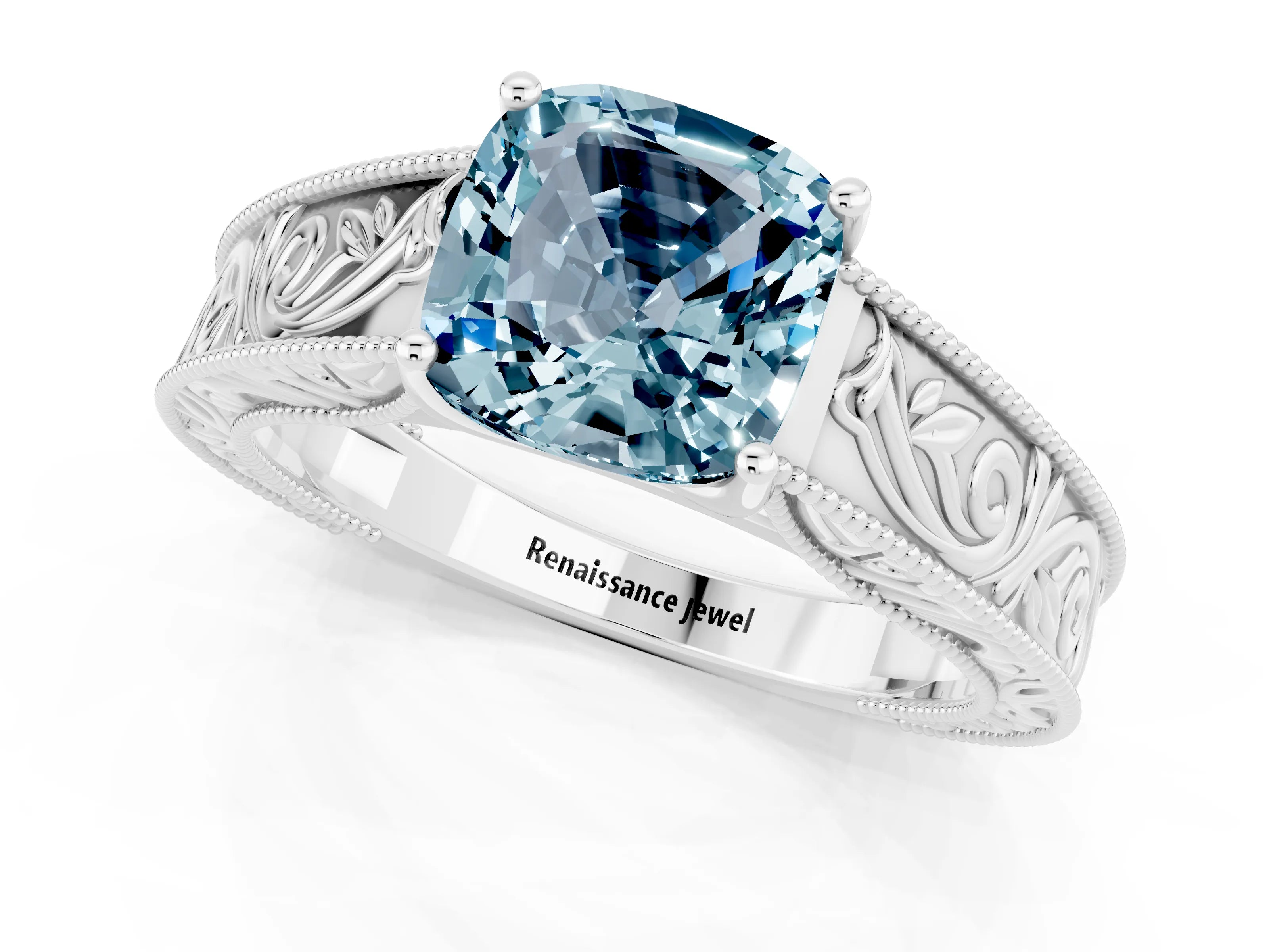 White gold Cushion Cut Aquamarine Solitaire Ring with Engraved Band and Four-Prong Setting_1
