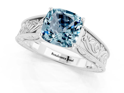 White gold Cushion Cut Aquamarine Solitaire Ring with Engraved Band and Four-Prong Setting_1