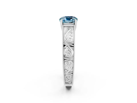 White gold Cushion Cut Aquamarine Solitaire Ring with Engraved Band and Four-Prong Setting_2