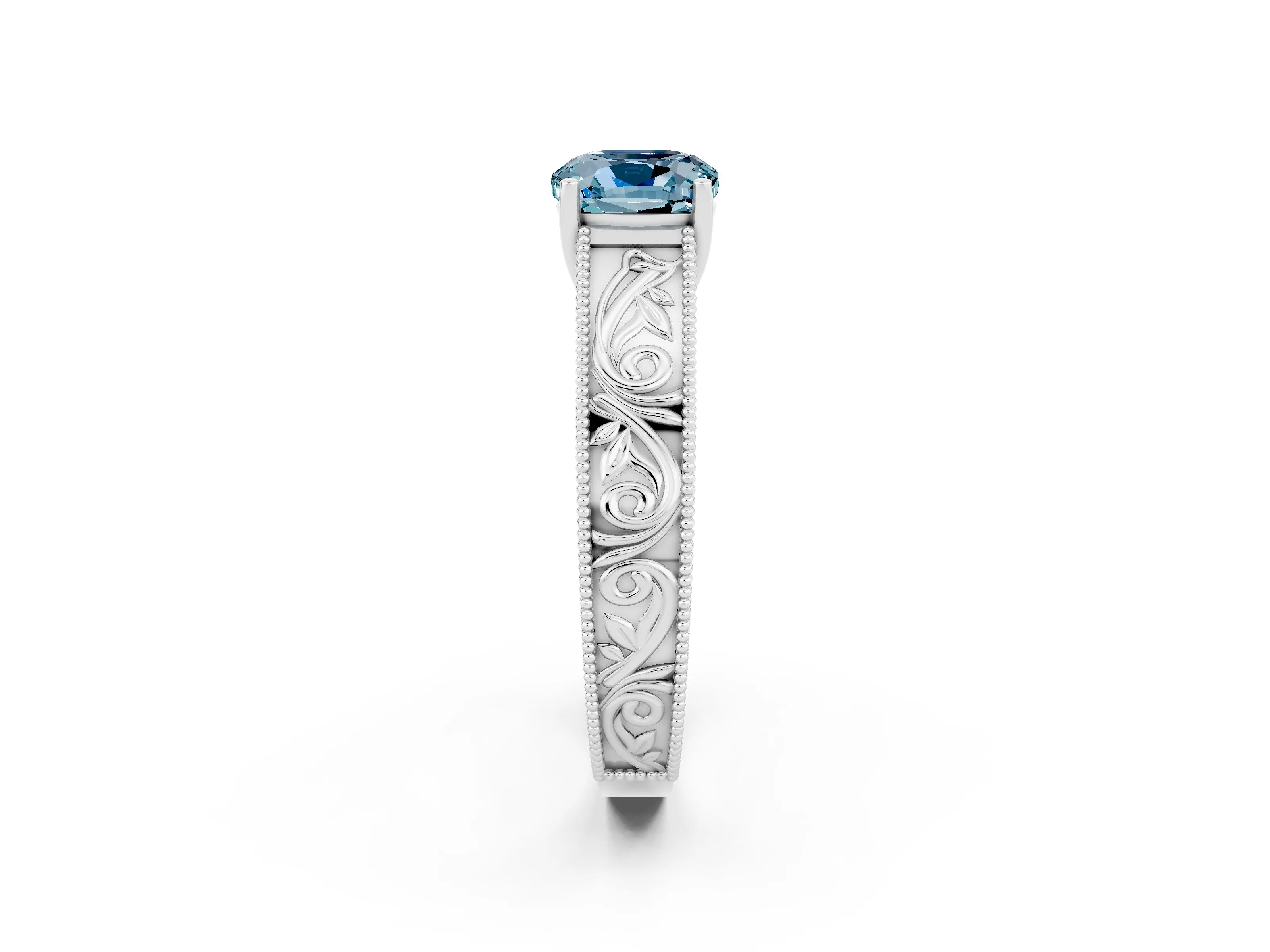 White gold Cushion Cut Aquamarine Solitaire Ring with Engraved Band and Four-Prong Setting_2