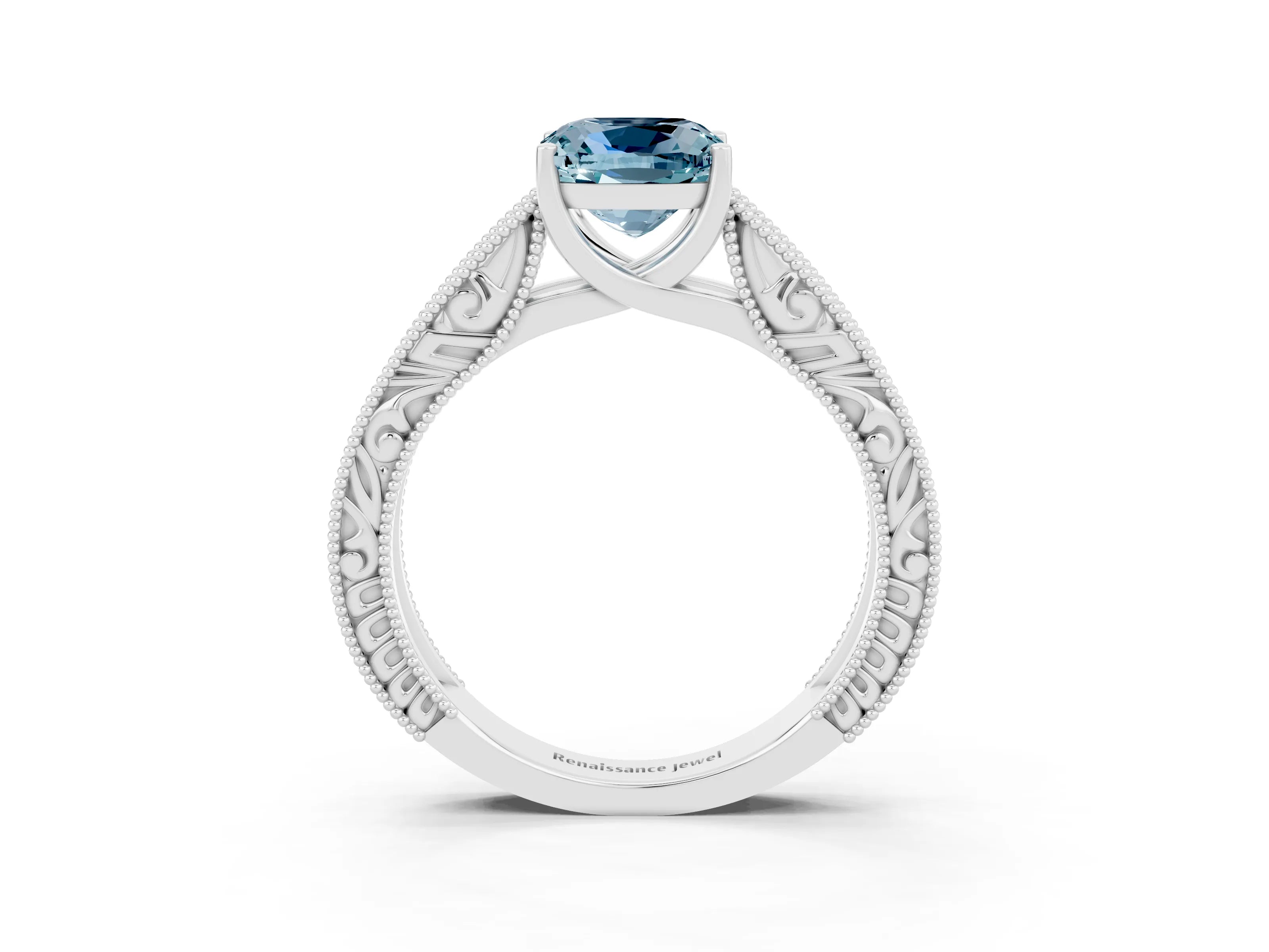 White gold Cushion Cut Aquamarine Solitaire Ring with Engraved Band and Four-Prong Setting_3