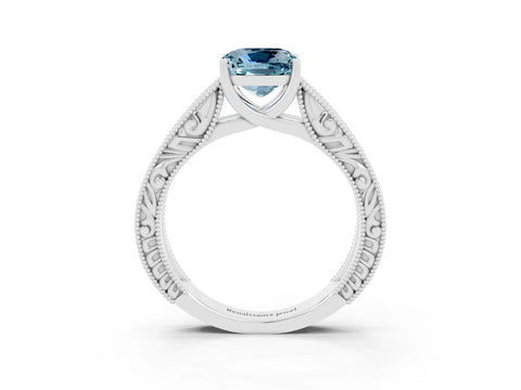 White gold Cushion Cut Aquamarine Solitaire Ring with Engraved Band and Four-Prong Setting_3