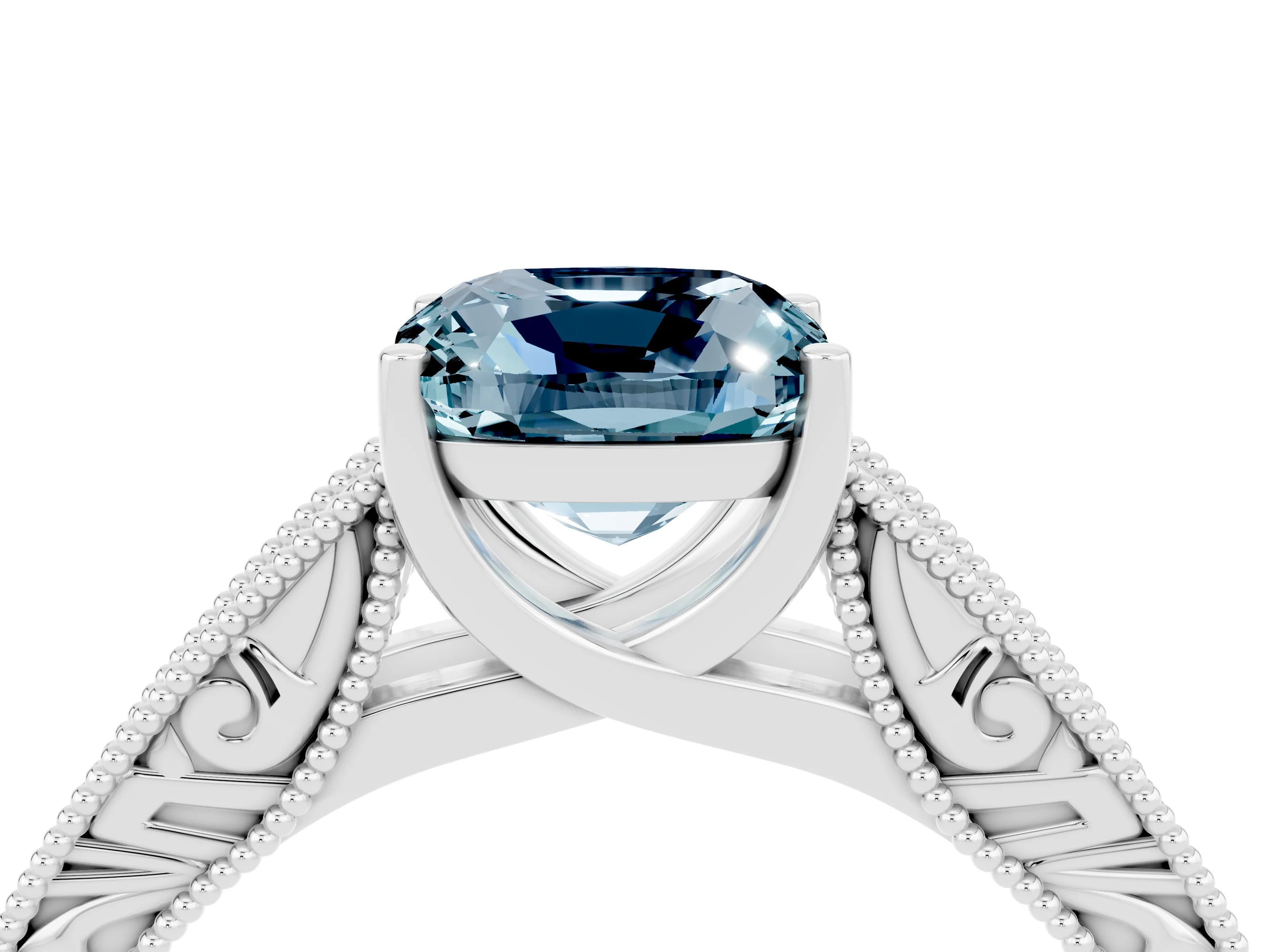 White gold Cushion Cut Aquamarine Solitaire Ring with Engraved Band and Four-Prong Setting_4